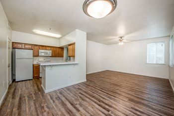 Living / Dining Area - Access to Kitchen - Ceiling fan in Living Area - Hanging light in Dining - Wood plank floor